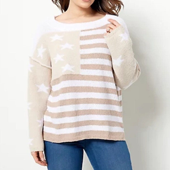 Peace Love World Sweaters - Peace Love World Beige and White Star Sweater